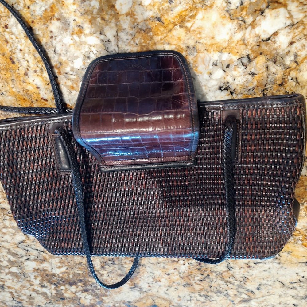 Brighton shoulder bag, brown weave with embossed panel, silver accents13X8" - Picture 7 of 15